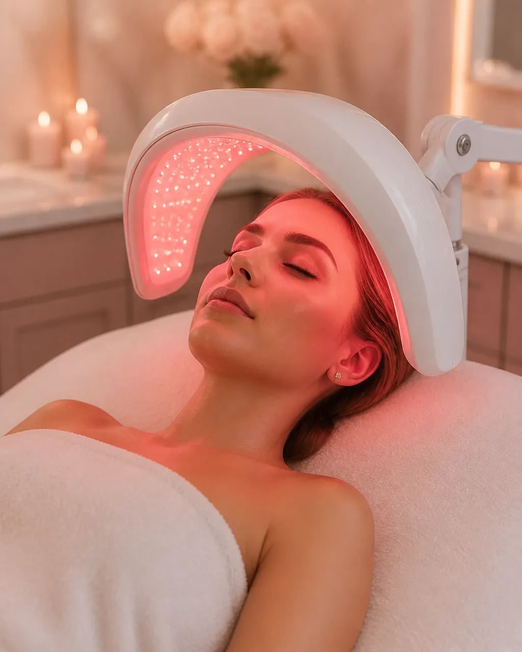 Bride-to-be relaxing during a professional LED light therapy facial